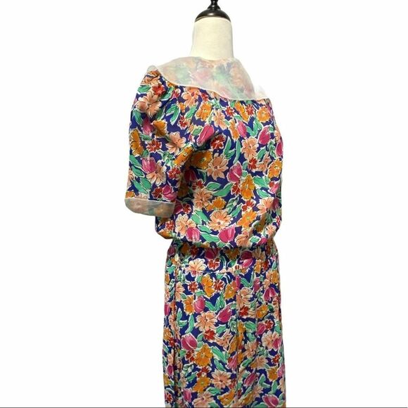 Neiman Marcus Vintage Floral Tropical Print Midi Dress Size 10 - Picture 13 of 16